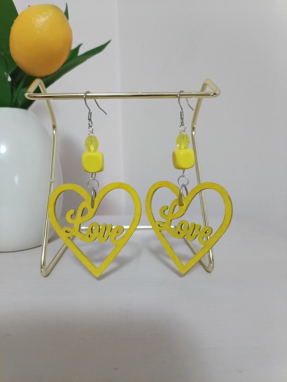 Handcrafted Yellow 'Love' Heart Drop Earrings - Picture 3 of 3